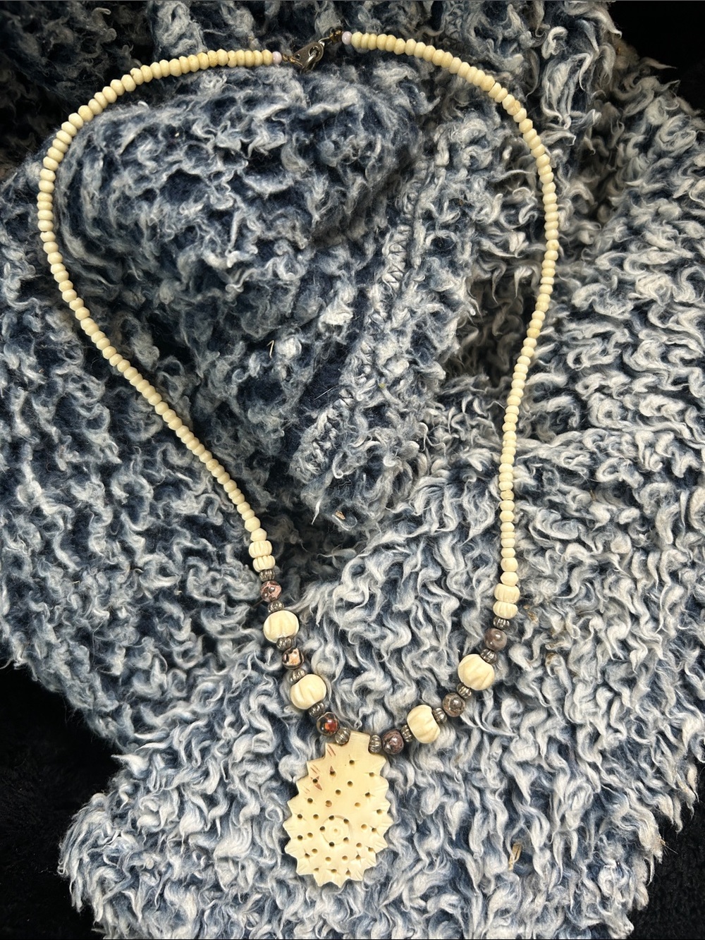 Handcrafted Cream horn, bone and stone Beaded Necklace
